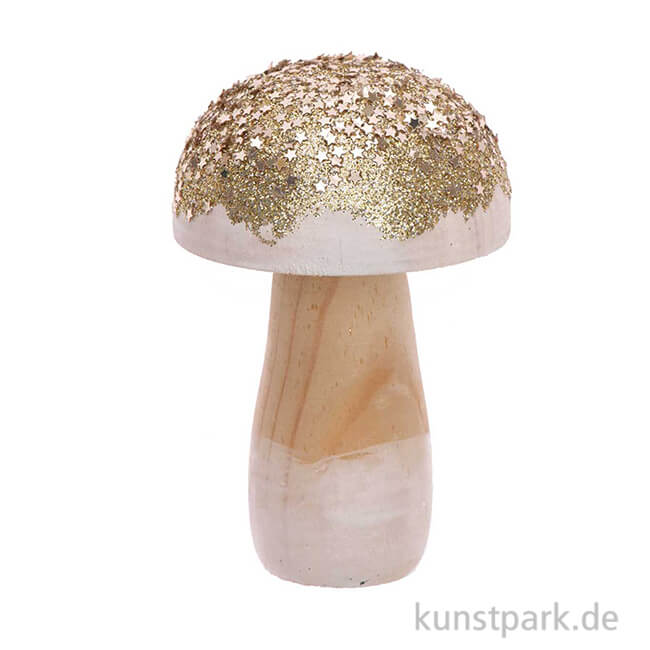 Artikelbild 1 des Artikels “Kleiner Pilz aus Holz mit Gold-Glitter, Größe 6x9 cm “
