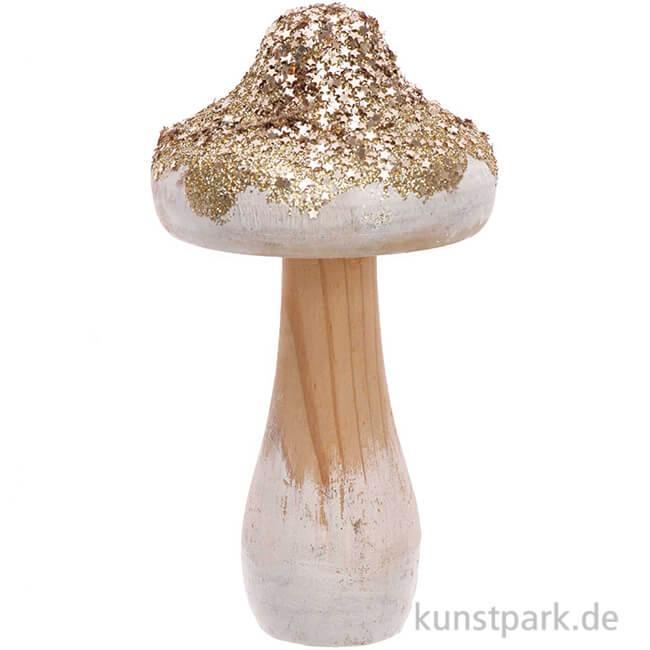 Artikelbild 1 des Artikels “Großer Pilz aus Holz mit Gold-Glitter, Größe 7x14 cm “