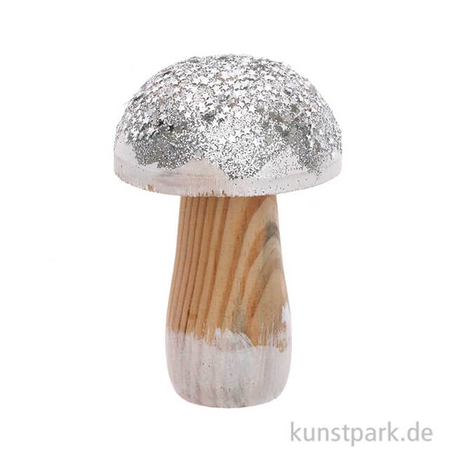 Artikelbild 1 des Artikels “Kleiner Pilz aus Holz mit Silber-Glitter, Größe 6x9 cm “