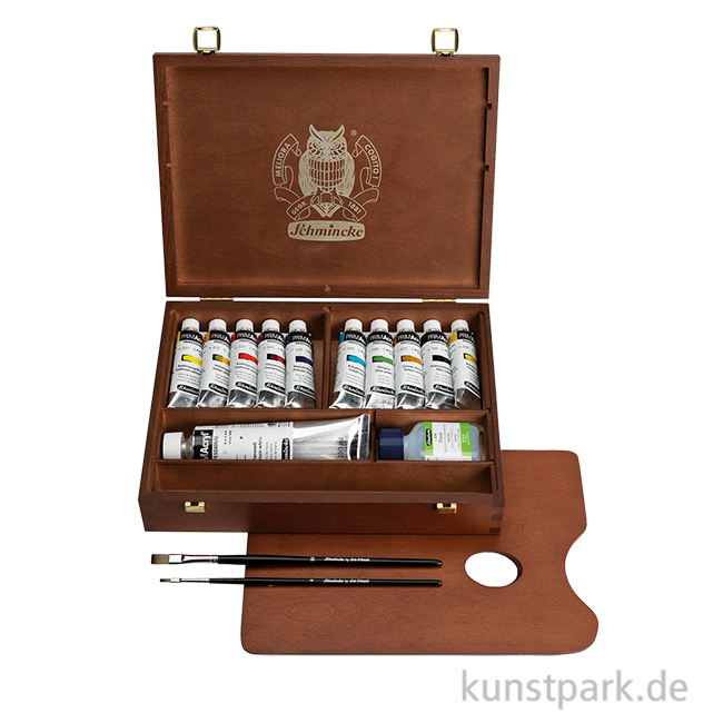 Artikelbild 1 des Artikels “Schmincke PRIMAcryl Holzkasten, 10 x 35 ml + 150 ml Weiß + Zubehör “