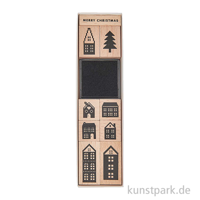 Artikelbild 1 des Artikels “Stempelset - Häuser mit 9 Holzstempeln + Stempelkissen “