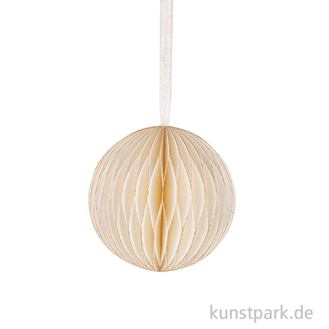 Artikelbild 1 des Artikels “Wabenpapier Ornament Kugel, Creme mit Goldkante und Hänger “