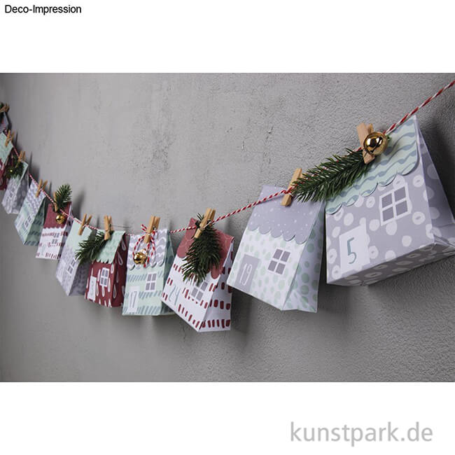 Artikelbild 2 des Artikels “Adventskalender Set Papierhäuser 1-24 mit Klammern + Kordel, 9 x 10 cm “