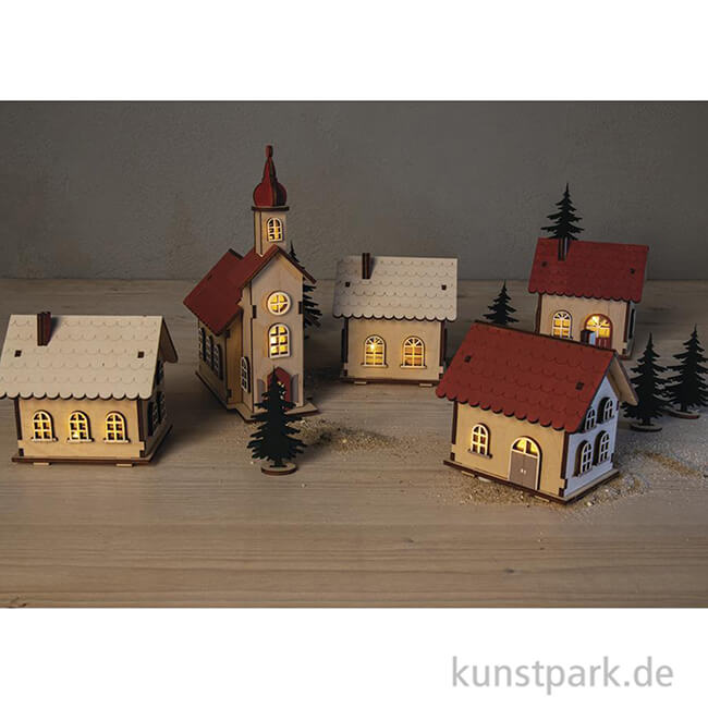 Artikelbild 2 des Artikels “Holzbausatz Lichterdorf, Natur, 7-19 cm, 84-teilig + LED Lichterketten “