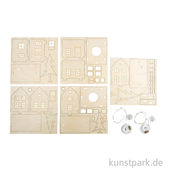 Artikelbild 2 des Artikels “Holzbausatz Lichterhäuser mit LED Lichterkette, 7-10 cm, 46-teilig “