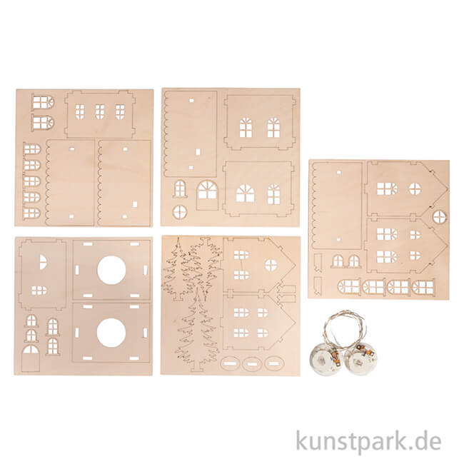 Artikelbild 2 des Artikels “Holzbausatz Lichterhäuser, Natur, 7-10 cm, 48-tlg + LED Lichterketten “