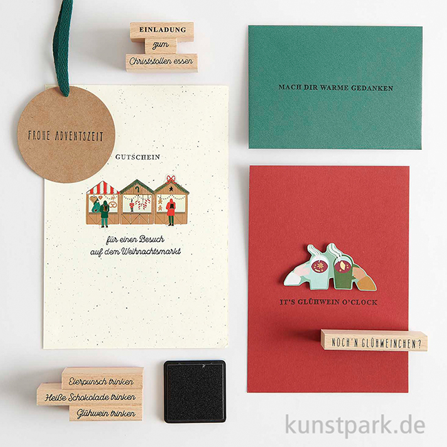 Artikelbild 2 des Artikels “Stempelset - Weihnachtsmarkt Texte, 20 Holzstempel + Stempelkissen “