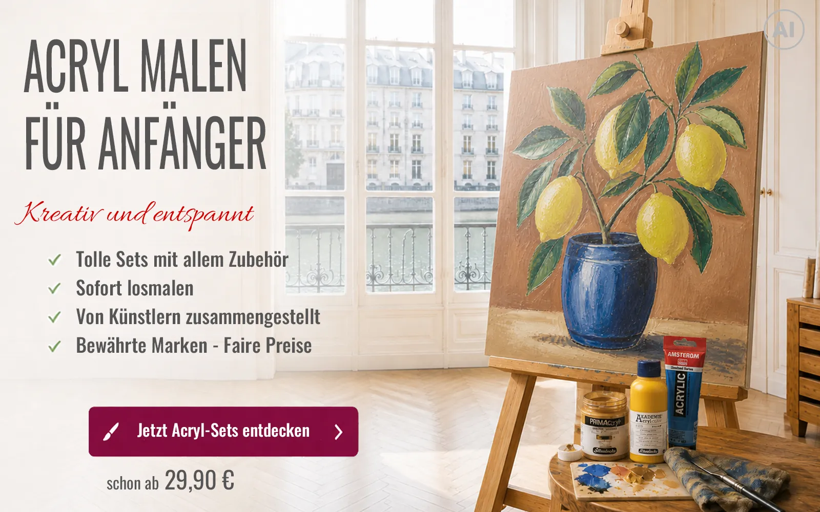 Acryl-Starter-Set mit Farben, Pinseln, Papier und gemaltem Bild