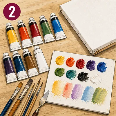 Acrylfarben, Pinsel, Malgrund und Wasser, malbereit auf einem Tisch