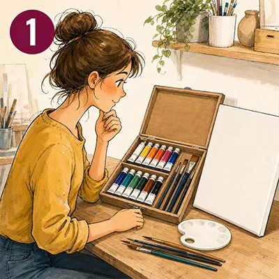 Acryl-Starter-Set wird von einer jungen Frau betrachtet