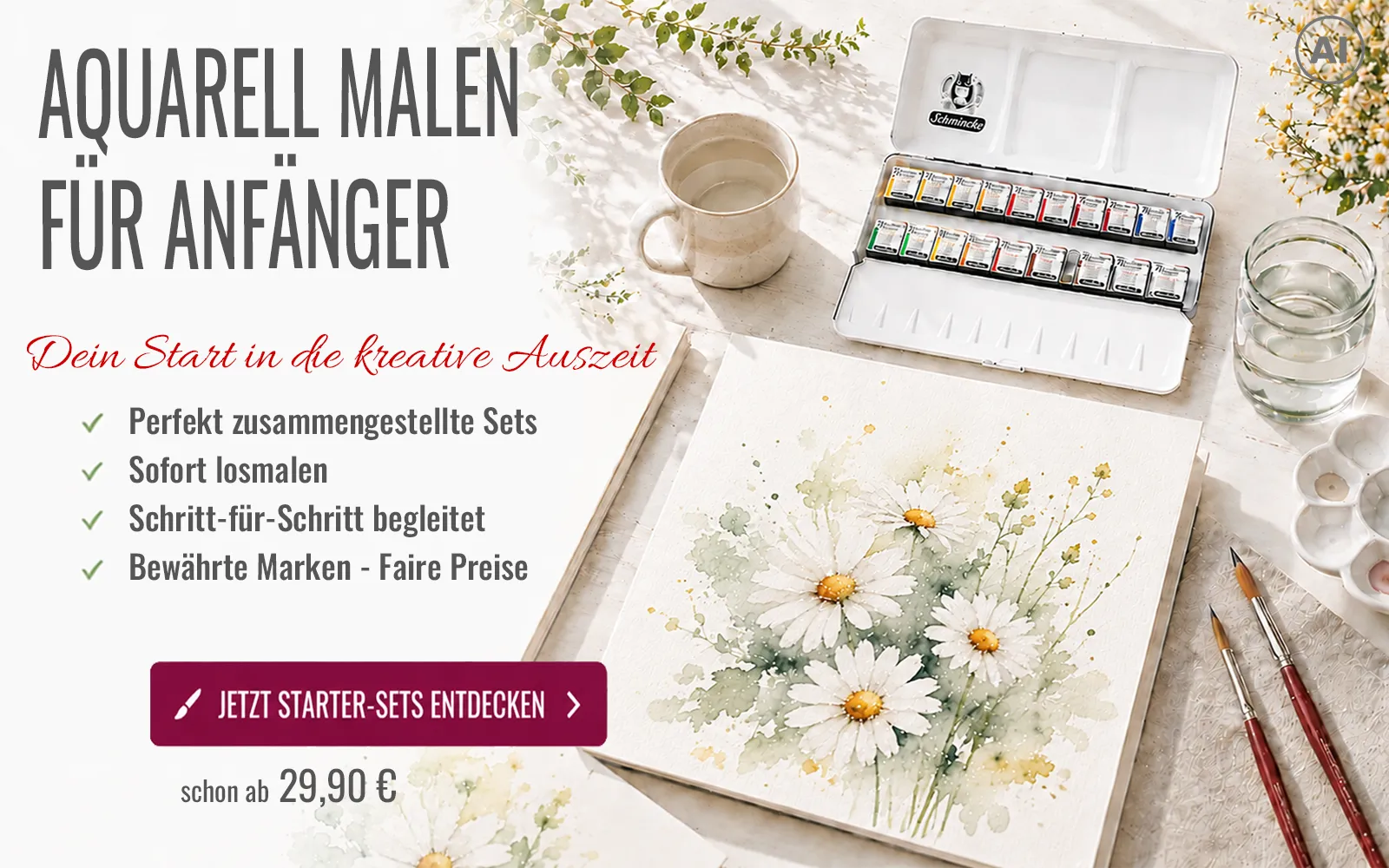 Aquarell-Starter-Set mit Farben, Pinseln, Papier und gemaltem Bild auf einem Schreibtisch — zu den beliebtesten Sets