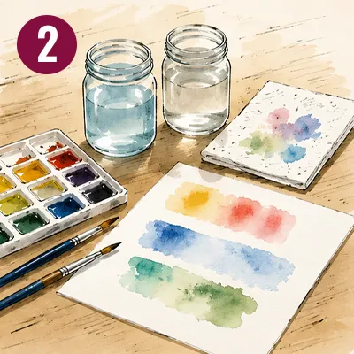 Aquarellfarben, Pinsel, Papier und Wasser, malbereit auf einem Tisch