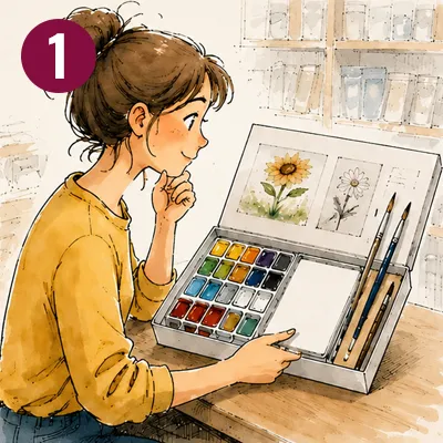 Aquarell-Starter-Set wird von einer jungen Frau betrachtet