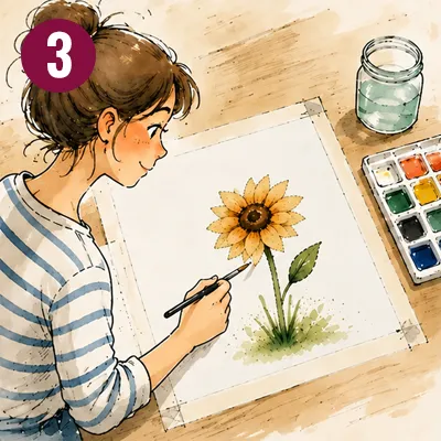 Ein Mädchen malt eine Sonneblume