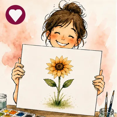 Ein Mädchen hat ein Bild einer Sonnenblume gemalt