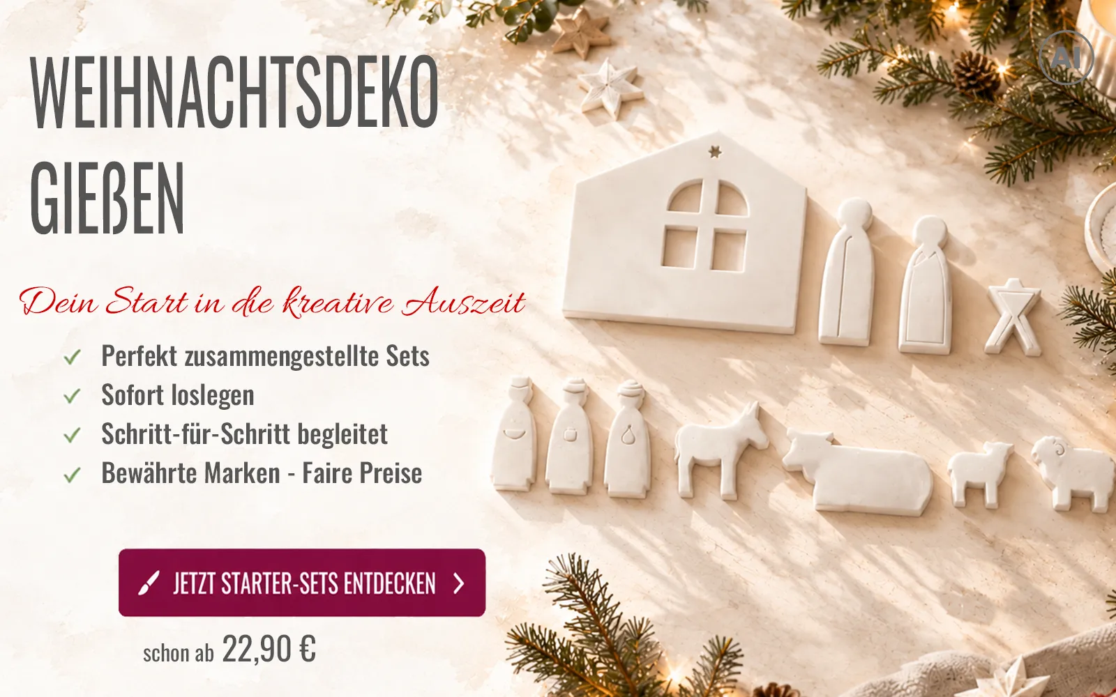 Weihnachtlicher Tisch darauf liegen gegossene Krippenfiguren